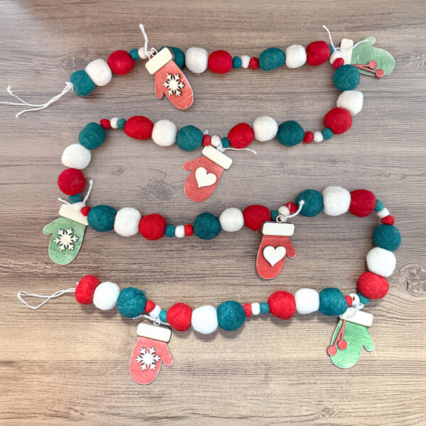 Mitten Garland – 6 ft Felt Ball Garland with Wooden Mittens