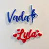 Two acrylic name magnets reading Vada and Lyla in blue and red script with dancer silhouette and heart accents